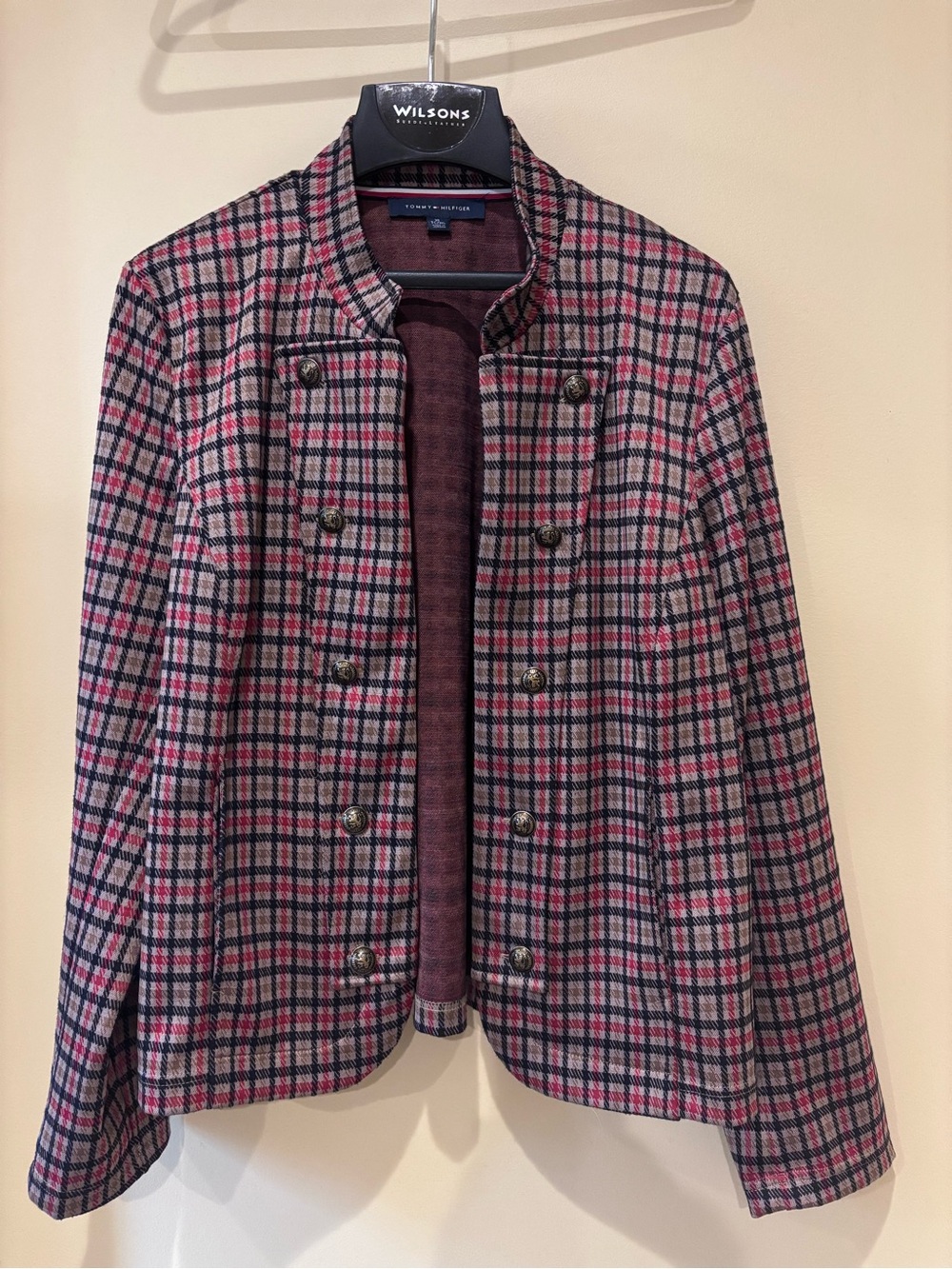 Tommy Hilfiger Pink and Navy Plaid Double-Breasted Blazer